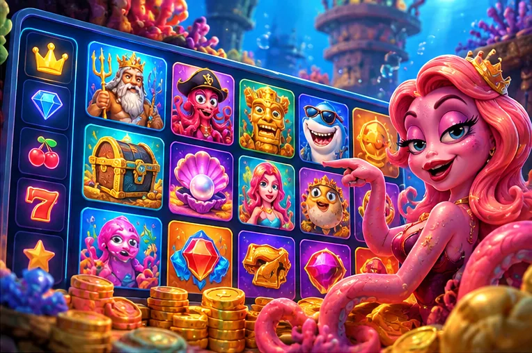 Octopus beside glowing slot reels